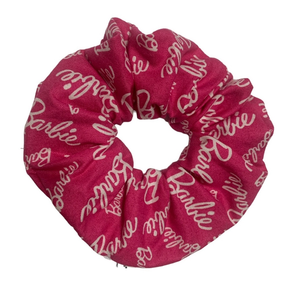 Barbie zipper hair scrunchie hand made USA pink/wht cotton rare print summer